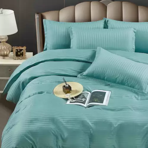 Lenjerie HoReCa, pat single, Damasc Finetat Deluxe, 4 piese, Jojo Home, Bleu Aqua