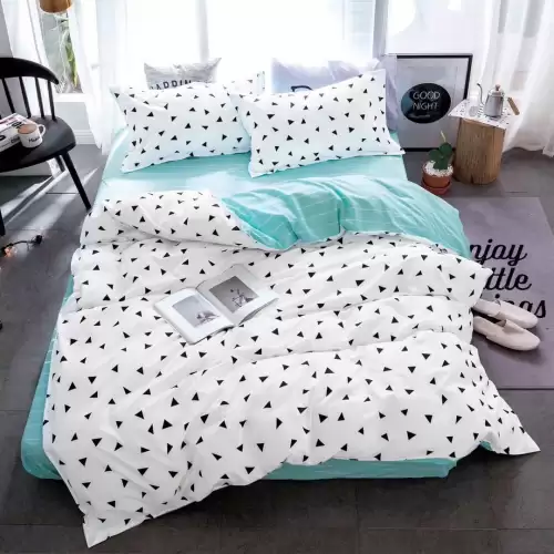 Lenjerie pat 1 PERSOANA, 4 piese, cu ELASTIC, Alb-Bleu, forme geometrice