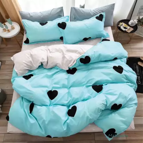 Lenjerie pat 1 PERSOANA, 4 piese, cu ELASTIC, Bleu, inimioare