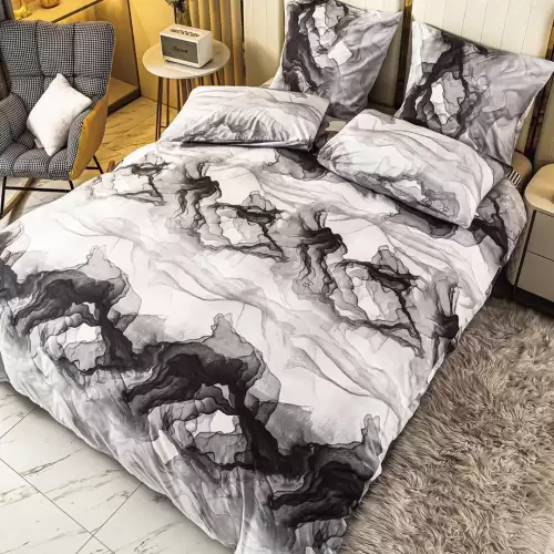 Lenjerie pat 1 PERSOANA, 4 piese, cu ELASTIC, Gri, model marmura