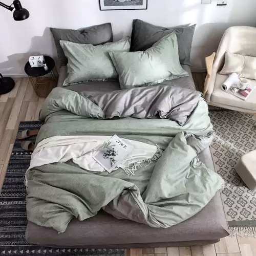 Lenjerie pat 1 PERSOANA, 4 piese, cu ELASTIC, Gri-Verde