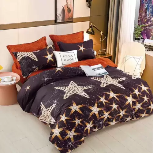 Lenjerie pat 1 PERSOANA, 4 piese, cu ELASTIC, Negru, stelute