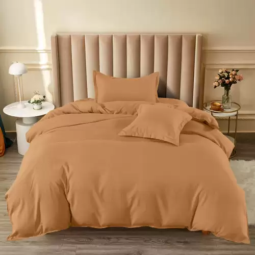 Lenjerie pat 1 PERSOANA, BUMBAC FINET, 4 piese, cu ELASTIC, Camel