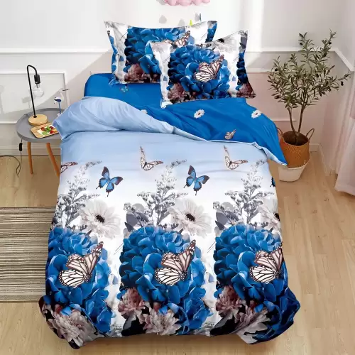 Lenjerie pat 1 PERSOANA, FINET, 4 piese, Alb, Albastru, fluturi, flori