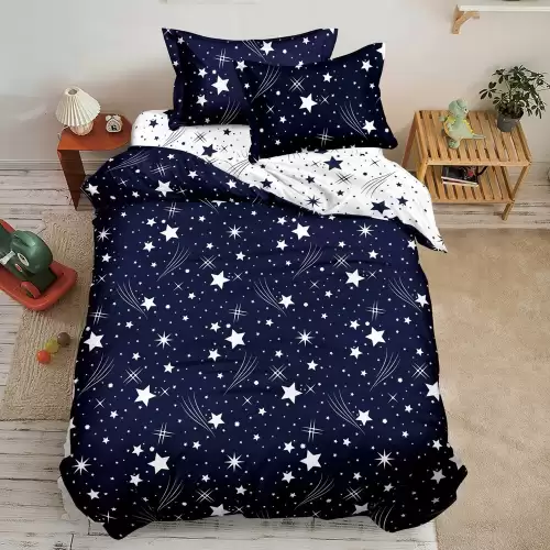 Lenjerie pat 1 PERSOANA, FINET, 4 piese, Alb, Albastru, stelute