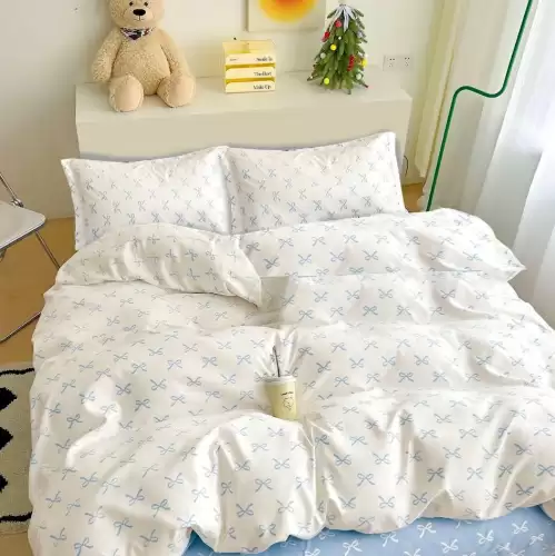 Lenjerie pat 1 PERSOANA, FINET, 4 piese, Alb-Bleu, fundite