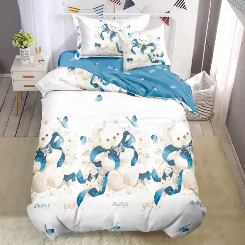 Lenjerie pat 1 PERSOANA, FINET, 4 piese, Alb, Bleu, ursuleti