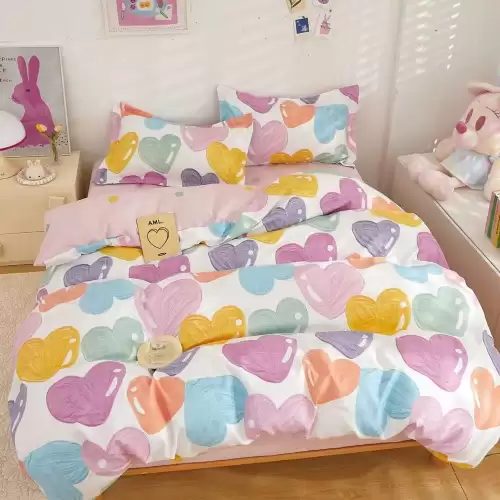 Lenjerie pat 1 PERSOANA, FINET, 4 piese, Alb, multicolor, inimioare