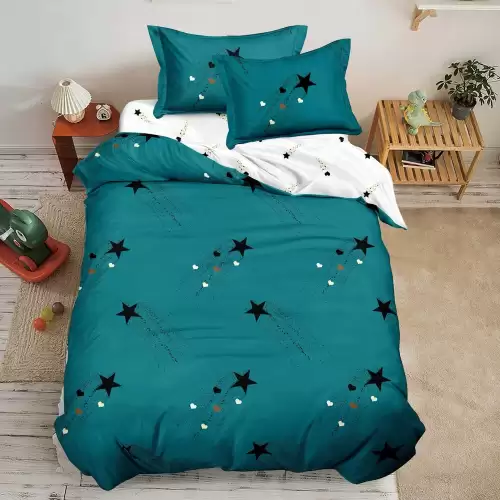 Lenjerie pat 1 PERSOANA, FINET, 4 piese, Alb, Verde, stelute