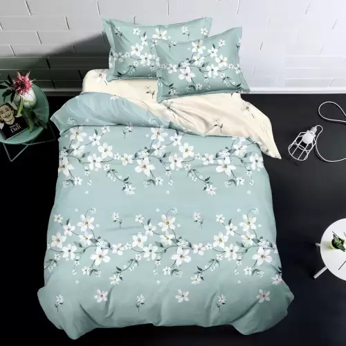 Lenjerie pat 1 PERSOANA, FINET, 4 piese, Bleu, Crem, flori