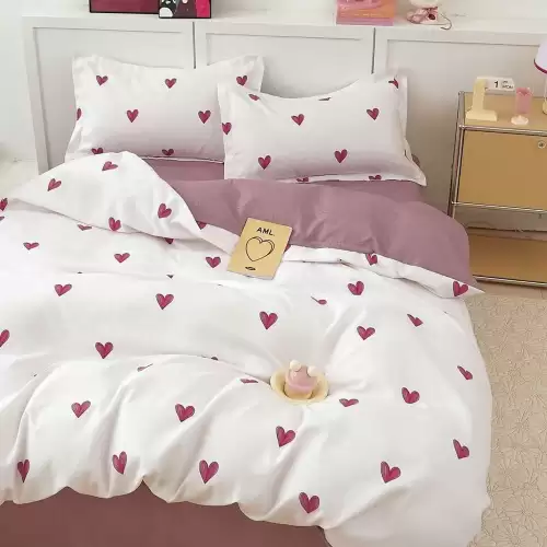 Lenjerie pat 1 PERSOANA, FINET, 4 piese, Crem, Grena, inimioare