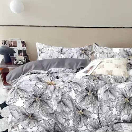 Lenjerie pat 1 PERSOANA, FINET, 4 piese, Gri, flori