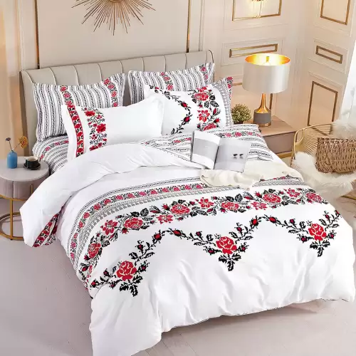 Lenjerie pat 1 PERSOANA, FINET, 4 piese, Jojo Home, Alb-Rosu, model traditional