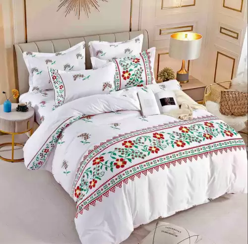 Lenjerie pat 1 PERSOANA,  FINET, 4 piese, Jojo Home, Alb, Rosu, Verde, Model Traditional cu Flori