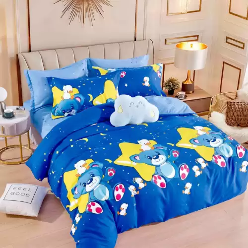 Lenjerie pat 1 PERSOANA, FINET, 4 piese, Jojo Home, Albastru, Stelute, Ursuleti