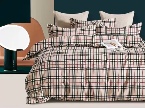 Lenjerie pat 1 PERSOANA,  FINET, 4 piese, Jojo Home, Bej-Negru, carouri, dungi