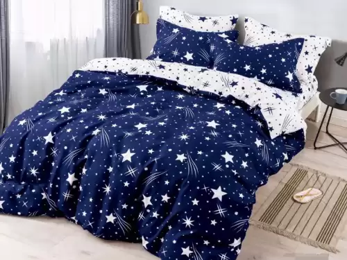 Lenjerie pat 1 PERSOANA, FINET, 4 piese, Jojo Home, Bleumarin-Alb, stelute