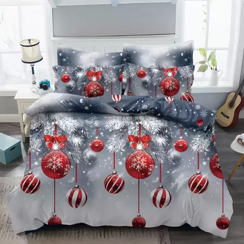 Lenjerie pat 1 PERSOANA, FINET, 4 piese, Jojo Home, Craciun, Gri-Rosu, globulete