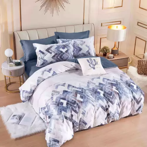 Lenjerie pat 1 PERSOANA, FINET, 4 piese, Jojo Home, Gri, Albastru, Forme Geometrice