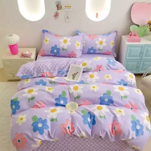 Lenjerie pat 1 PERSOANA, FINET, 4 piese, Mov, flori