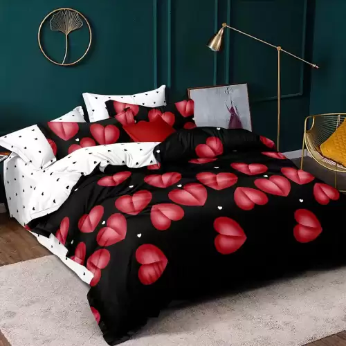 Lenjerie pat 1 PERSOANA, FINET, 4 piese, Negru, inimioare