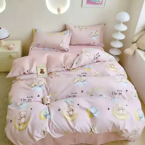 Lenjerie pat 1 PERSOANA, FINET, 4 piese, Roz, ursuleti