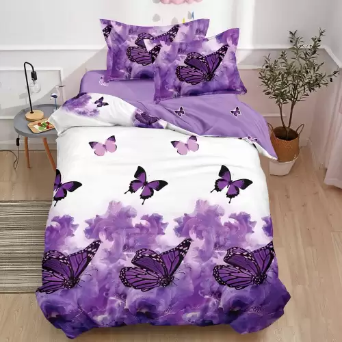 Lenjerie pat 140x200cm,  FINET, 4 piese, cu ELASTIC, Alb, Mov, fluturi