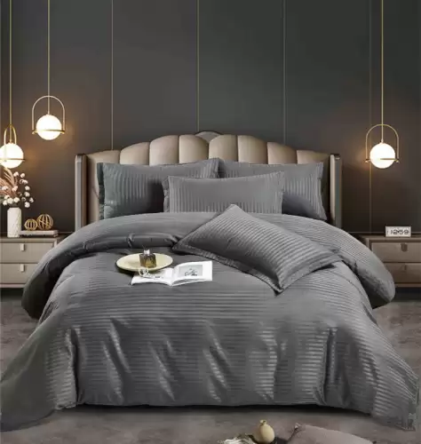 Lenjerie pat dublu 100% Damasc PREMIUM, 6 Piese, cu elastic