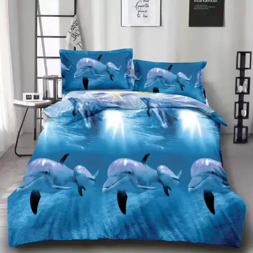 Lenjerie pat dublu (140x200cm, 160x200cm, 180x200cm), microfibra, cearsaf clasic, imprimeu 3D, Bleu, delfini