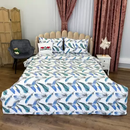 Lenjerie Pat Dublu, Bumbac Ranforce, 4 piese, Atelier Cumparamisim - Lux Suprem, Rafinament Desavarsit, Confort Regal, Alb, Albastru,pene