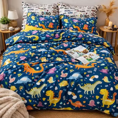 Lenjerie pat dublu, bumbac satinat, cearsaf clasic, 4 piese,  Albastru, Dinozauri