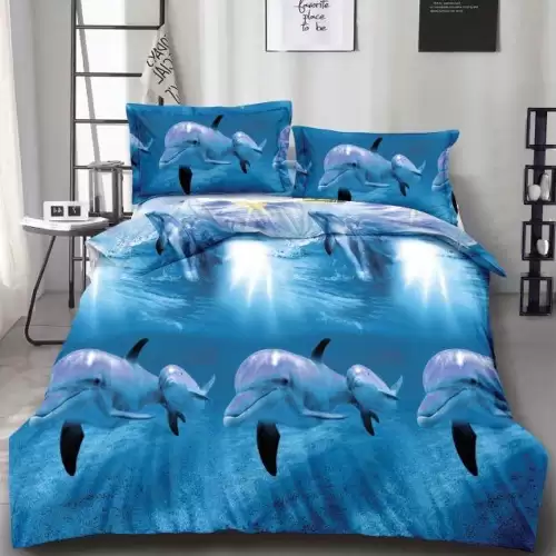 Lenjerie pat dublu cu ELASTIC (160x200cm, 180x200cm), microfibra, imprimeu 3D, Albastru, delfini