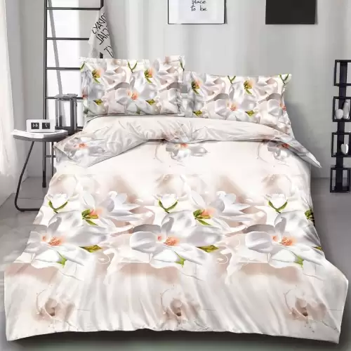 Lenjerie pat dublu cu ELASTIC (160x200cm, 180x200cm), microfibra, imprimeu 3D, Crem, magnolii