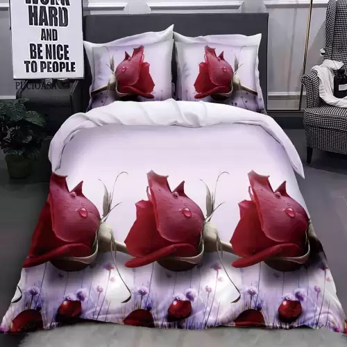 Lenjerie pat dublu cu ELASTIC (160x200cm, 180x200cm), microfibra, imprimeu 3D, Lila, trandafiri