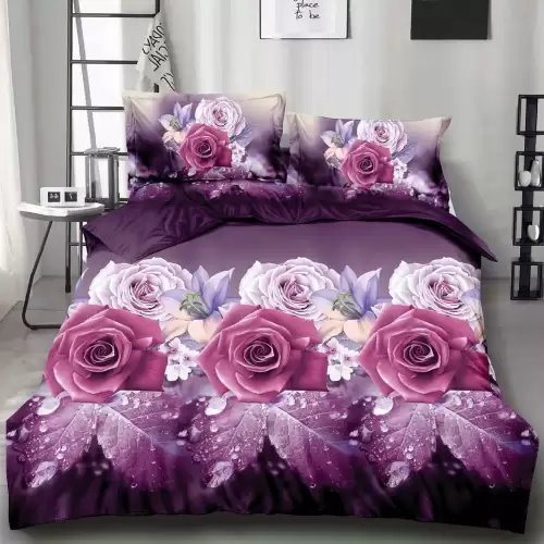 Lenjerie pat dublu cu ELASTIC (160x200cm, 180x200cm), microfibra, imprimeu 3D, Mov, trandafiri