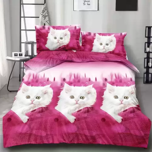 Lenjerie pat dublu cu ELASTIC (160x200cm, 180x200cm), microfibra, imprimeu 3D, Roz, pisici