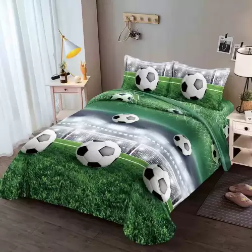 Lenjerie pat dublu cu ELASTIC (160x200cm, 180x200cm), microfibra, imprimeu 3D, Verde, fotbal