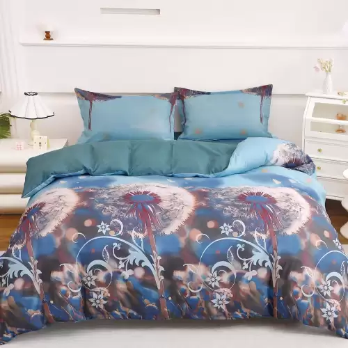 Lenjerie pat dublu cu Elastic (160x200cm si 180x200cm), bumbac satinat, Albastru, papadii