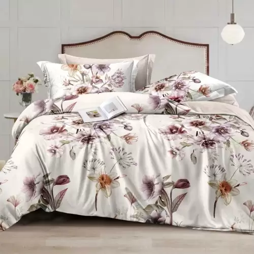 Lenjerie pat dublu cu Elastic (160x200cm si 180x200cm), bumbac satinat, Crem, Flori