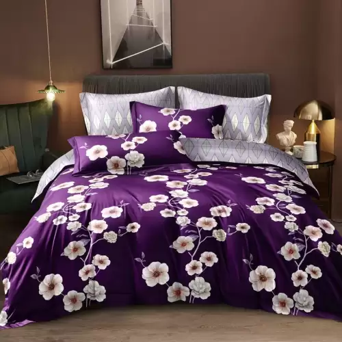 Lenjerie pat dublu cu Elastic (160x200cm si 180x200cm), bumbac satinat, Mov, Flori