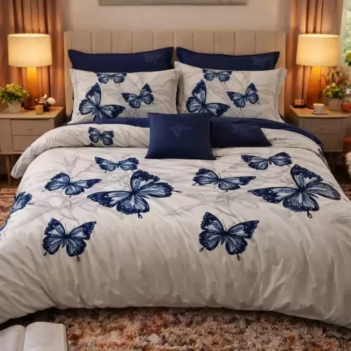 Lenjerie pat dublu cu ELASTIC, Finet, 6 piese, Albastru, Gri, fluturi