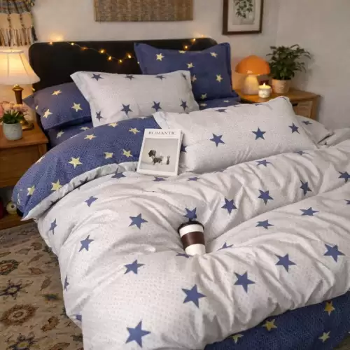 Lenjerie pat dublu cu ELASTIC, Finet, 6 piese, bej, albastru, inimioare