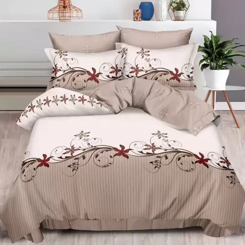 Lenjerie pat dublu cu ELASTIC, Finet, 6 piese, Bej, floral