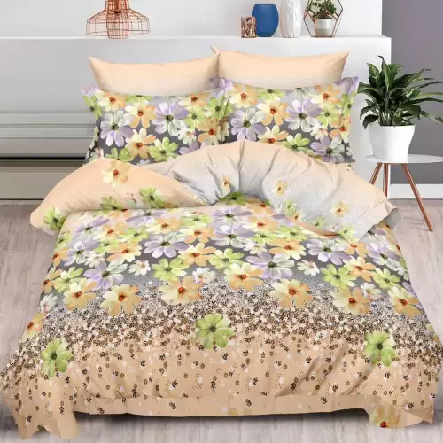 Lenjerie pat dublu cu ELASTIC, Finet, 6 piese, Bej, flori