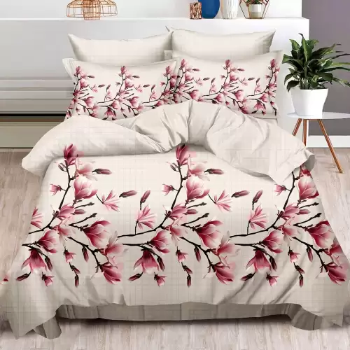 Lenjerie pat dublu cu ELASTIC, Finet, 6 piese, Bej, magnolii