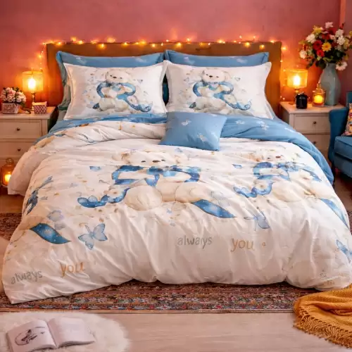 Lenjerie pat dublu cu ELASTIC, Finet, 6 piese, Bleu, ursuleti