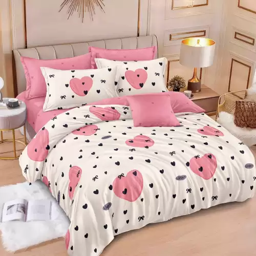 Lenjerie pat dublu cu ELASTIC, Finet, 6 piese, Crem, Roz, inimioare