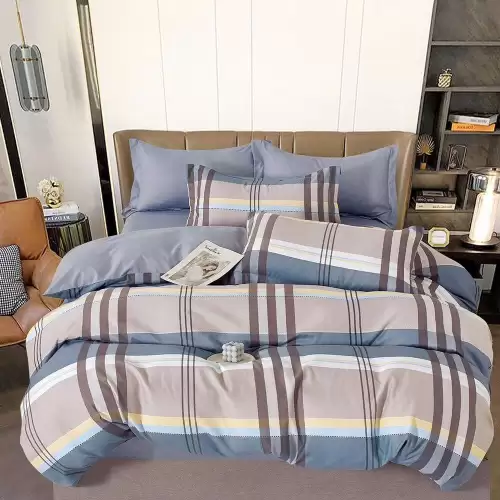 Lenjerie pat dublu cu ELASTIC, Finet, 6 piese, Gri-Bej, carouri