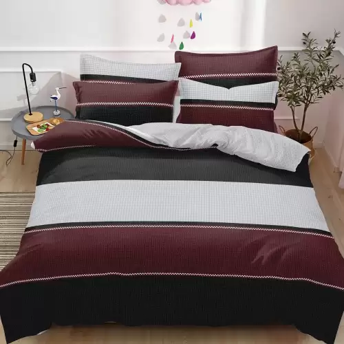 Lenjerie pat dublu cu ELASTIC, Finet, 6 piese, Gri, Grena, dungi