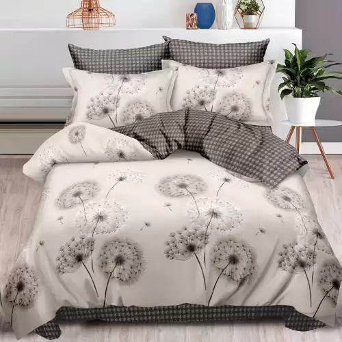 Lenjerie pat dublu cu ELASTIC, Finet, 6 piese, Gri, papadii